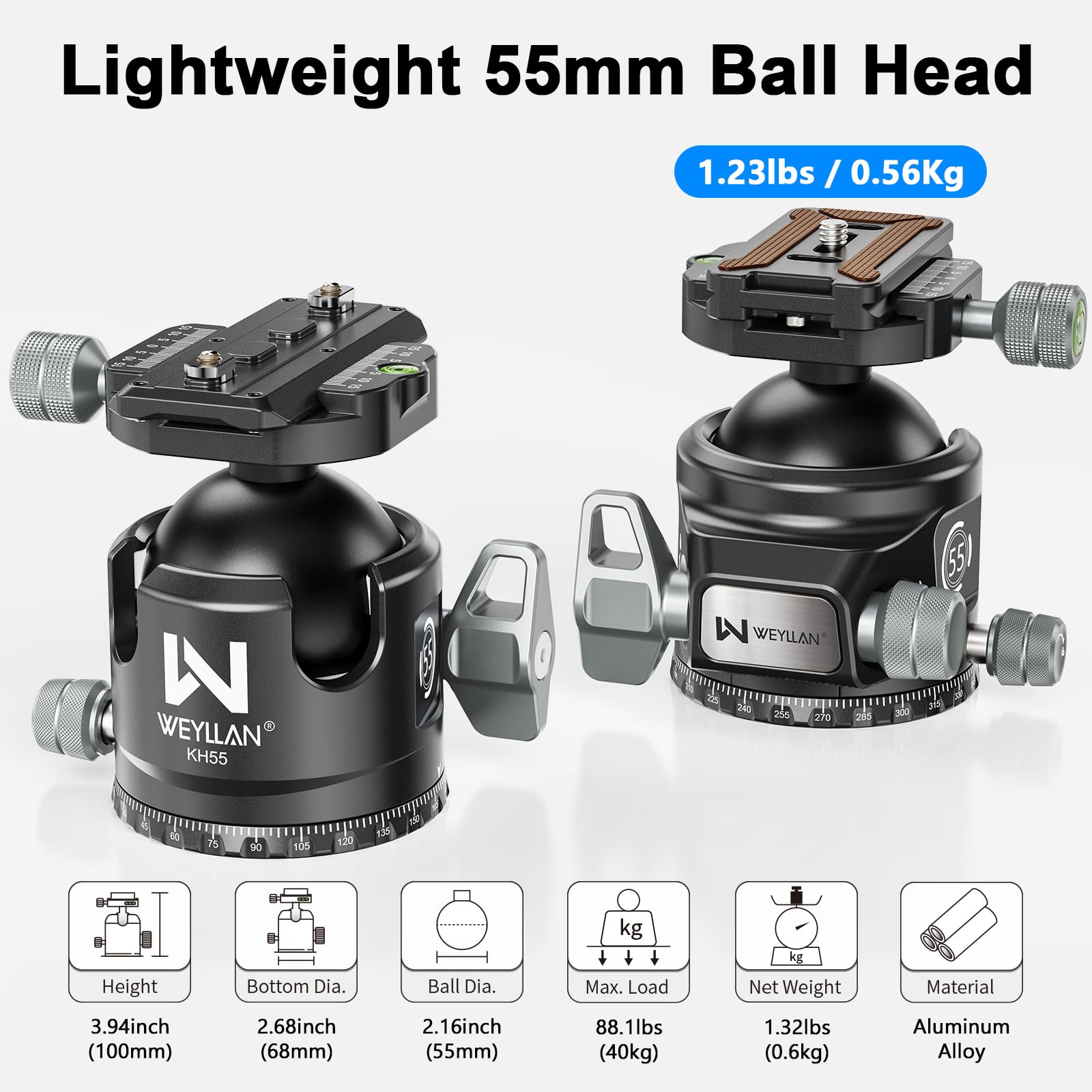 WEYLLAN KH55 testa a sfera per treppiede a basso profilo con rilascio a leva, 55mm testa sferica in metallo rotante a 360°, con arca rail m-lok, per riprese fotografiche di caccia, carico massimo 40kg