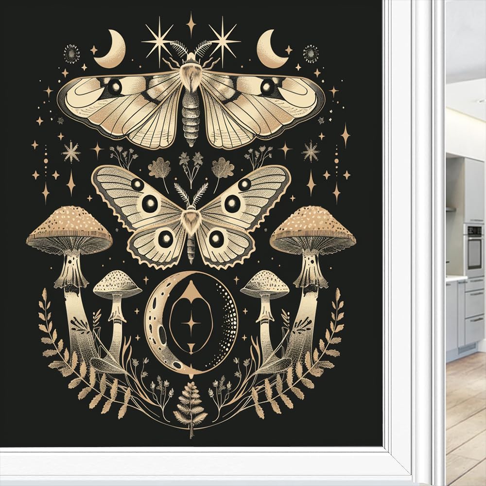 Gothic Mushroom Window Privacy Film Stained Glass Watercolor Mystery Butterfly Moon Window Clings for Glass Decorative Stickers Static Cling Sun Blocking Coverings 45x60 cm
