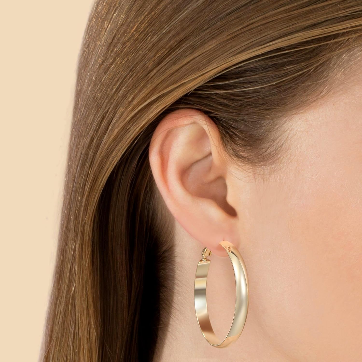 Flat Big Gold Hoop Earrings for Women 14K Real Gold Plated 925 Sterling Silver Post Hypoallergenic 5mm Wide Large Hoop Earrings for Women - Image 2