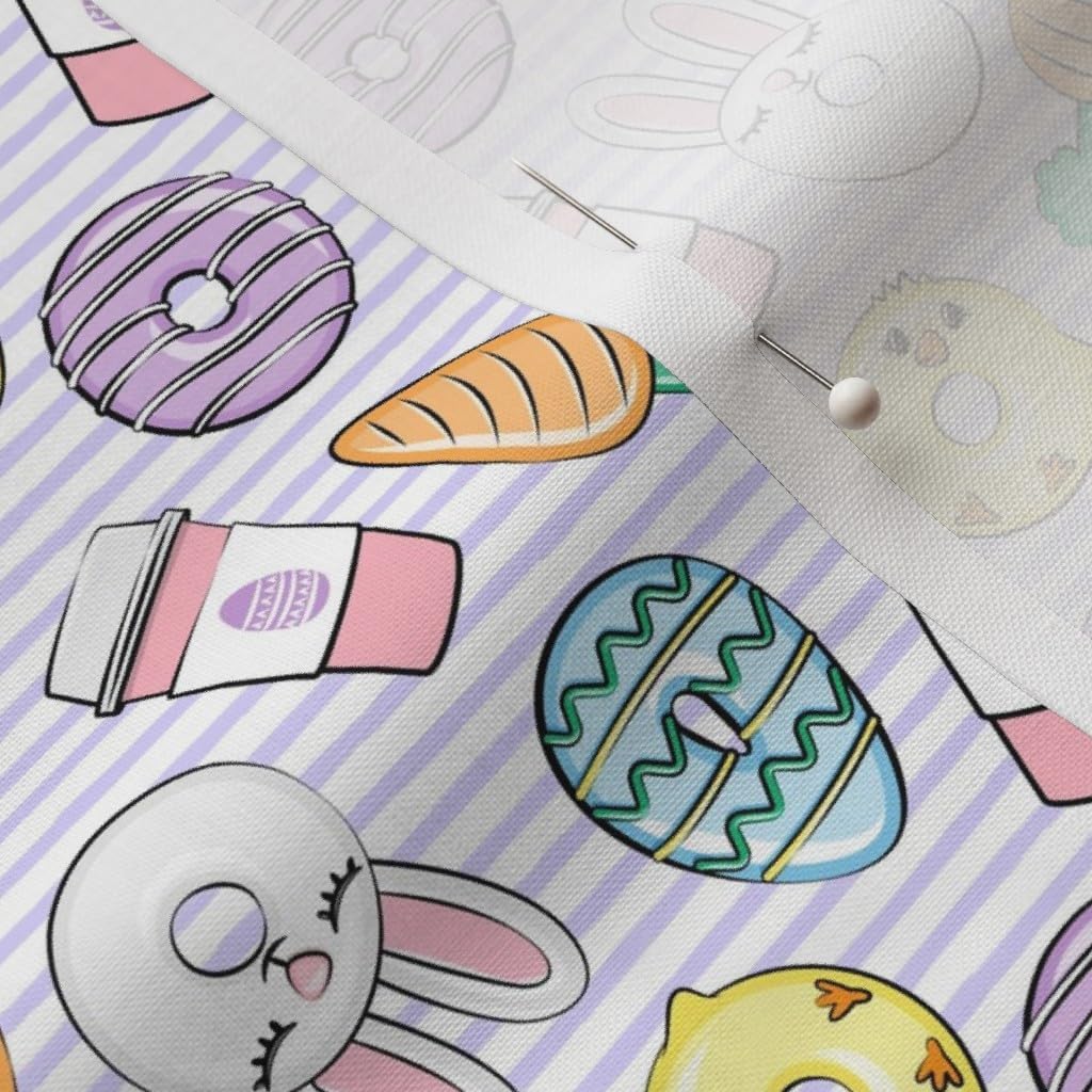 Spoonflower Fabric - Small Scale Easter Donuts Coffee Purple Stripes Spring Bunny Rabbit Printed on Petal Signature Cotton Fabric by The Yard - Sewing Quilting Apparel Crafts Decor