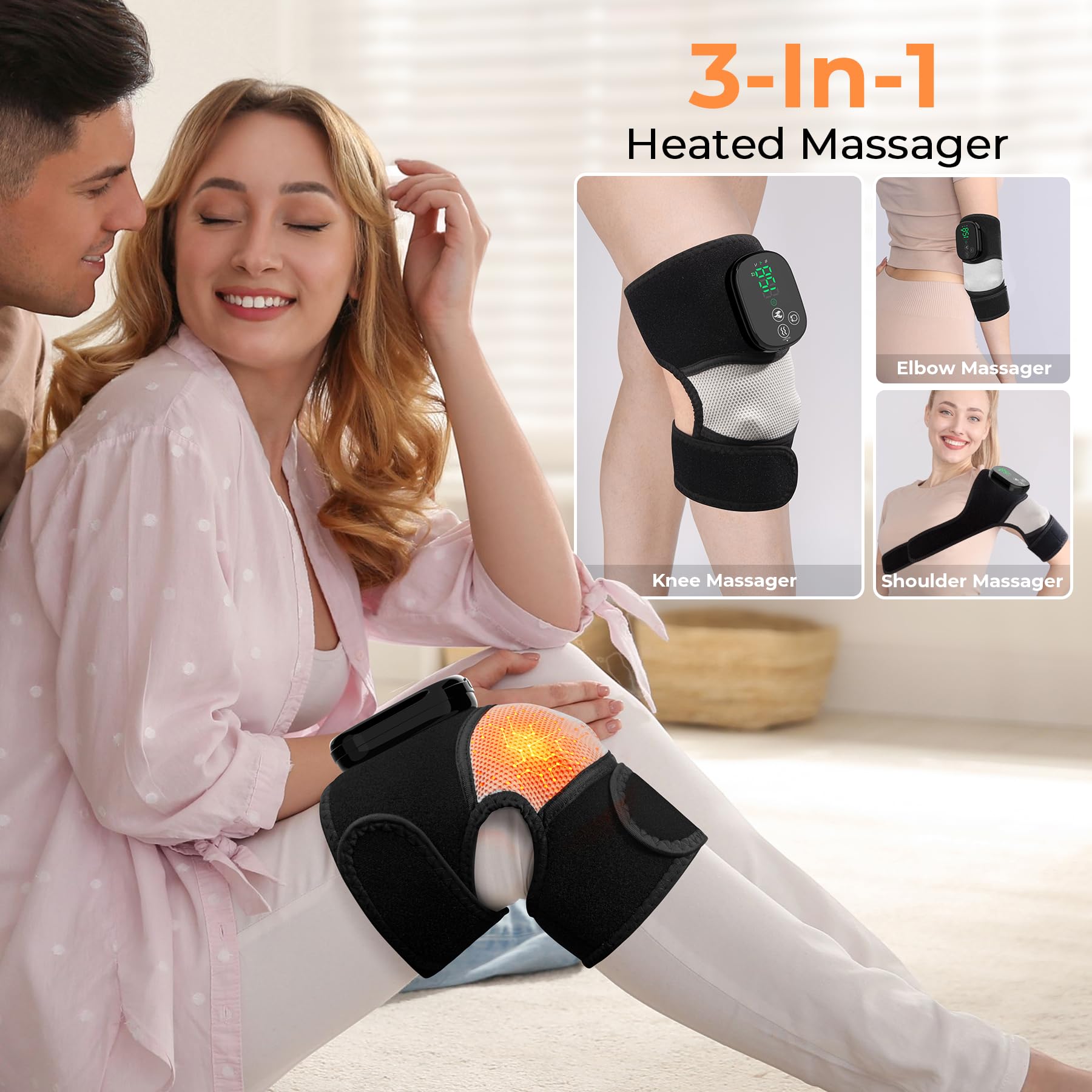 Kniemassagegerät mit Wärme & Vibration, Beheizte Kniebandage zur Entspannung, Kabelloses elektrisches Heizkissen für Knie, Ellenbogen & Schulter, Geschenk für Männer, Frauen, Papa & Mama