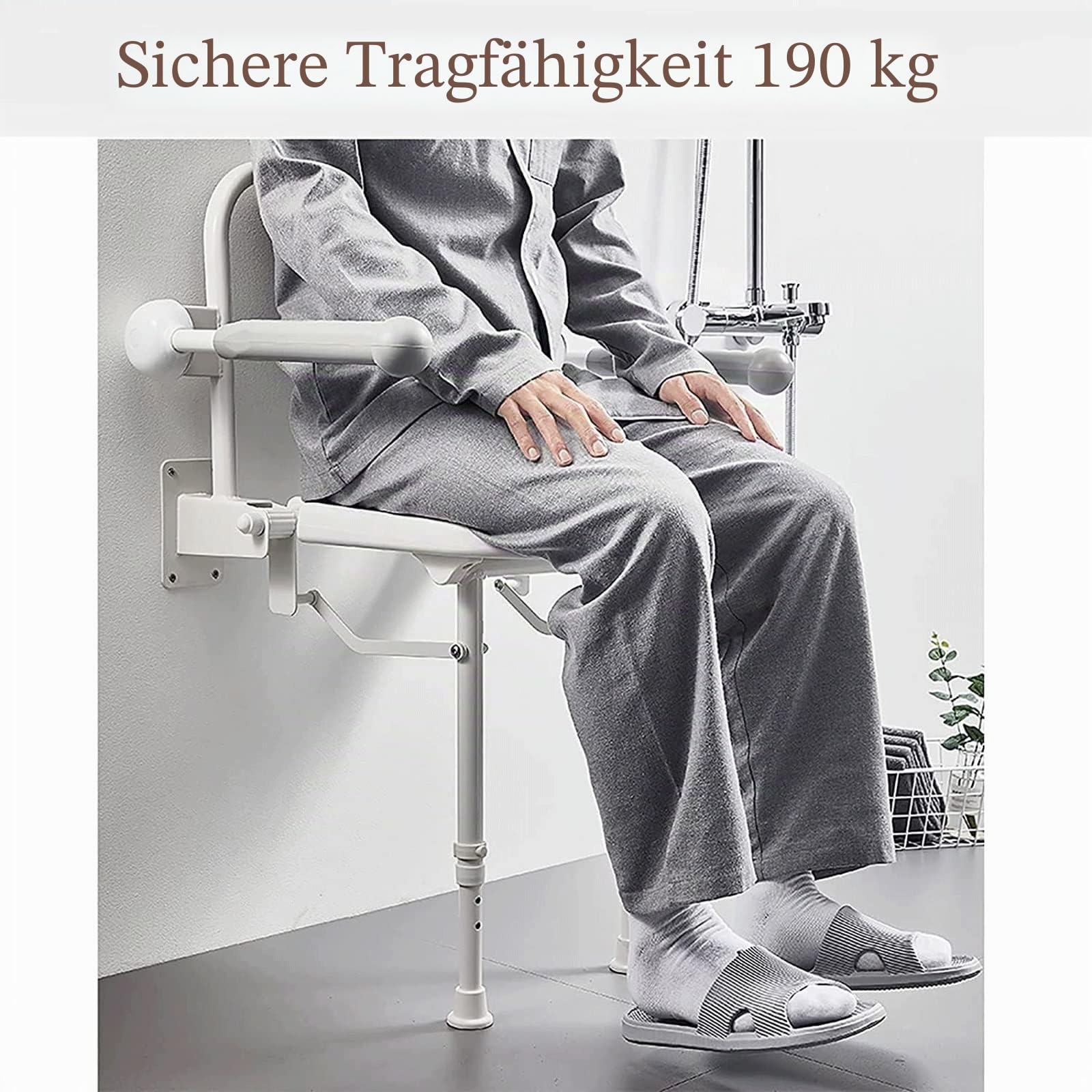 Daten Klappbarer Duschsitz Mit Armlehnen, Wandmontierter Duschbankhocker, Höhenverstellbarer Klappstuhl Mit Stützbein Und Rückenlehne, Belastung 190 Kg (Color : Grey)