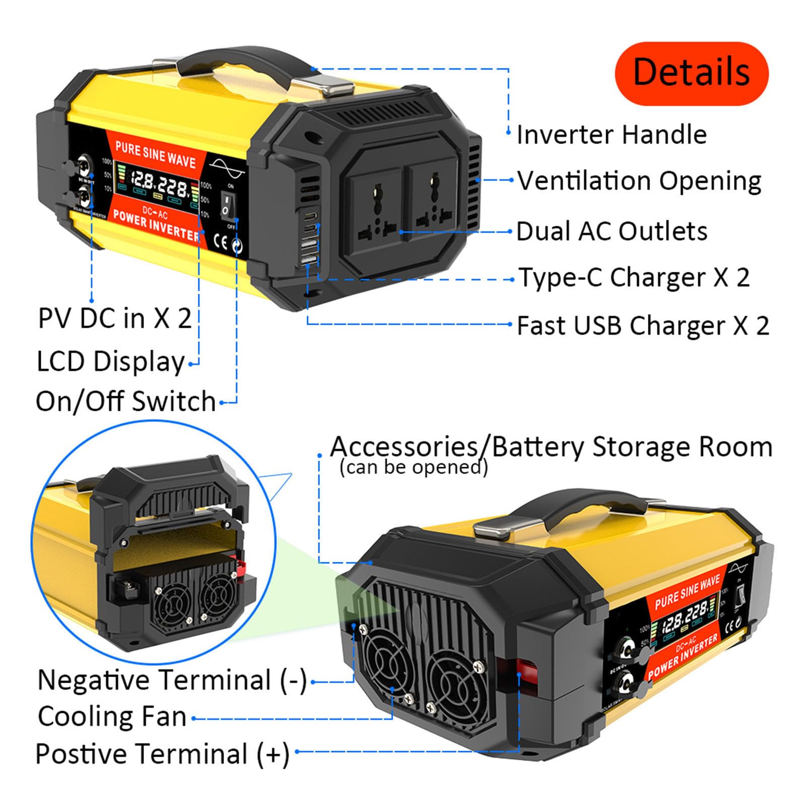 Ejoyous Convertitore a Onda Sinusoidale Pura da 500 W, Inverter a Onda Sinusoidale per Auto in ABS da 12 V a 220 V con Display LCD, Doppio Picco USB da 1000 W per Uso Solare Esterno per la Casa