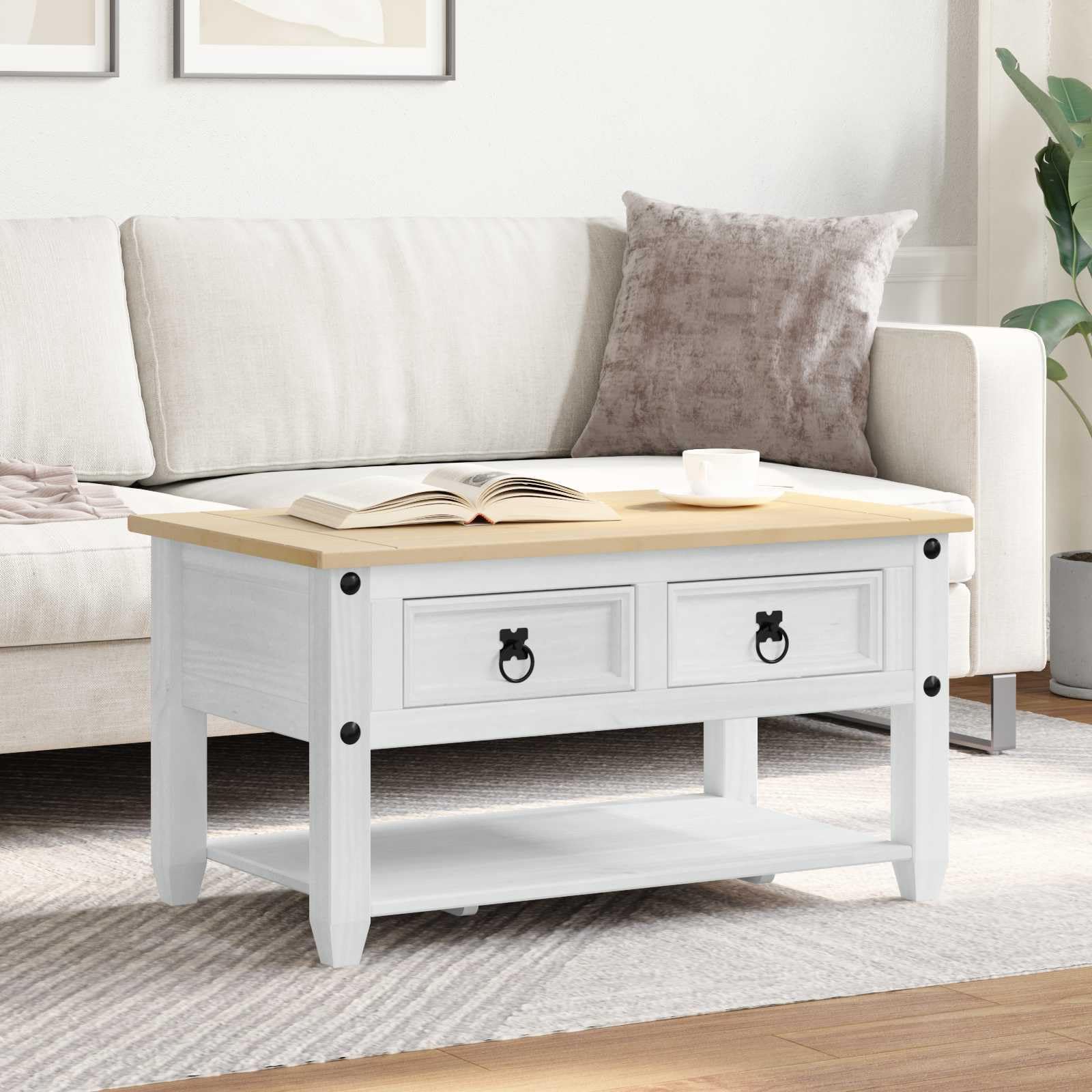 vidaXL Couchtisch Weiß 85 x 50 x 45 cm Massives Kiefernholz, Beiger rechteckiger Eichentisch, rustikale Optik mit viel Stauraum, kompakte Wohnzimmermöbel, täglich nutzbar