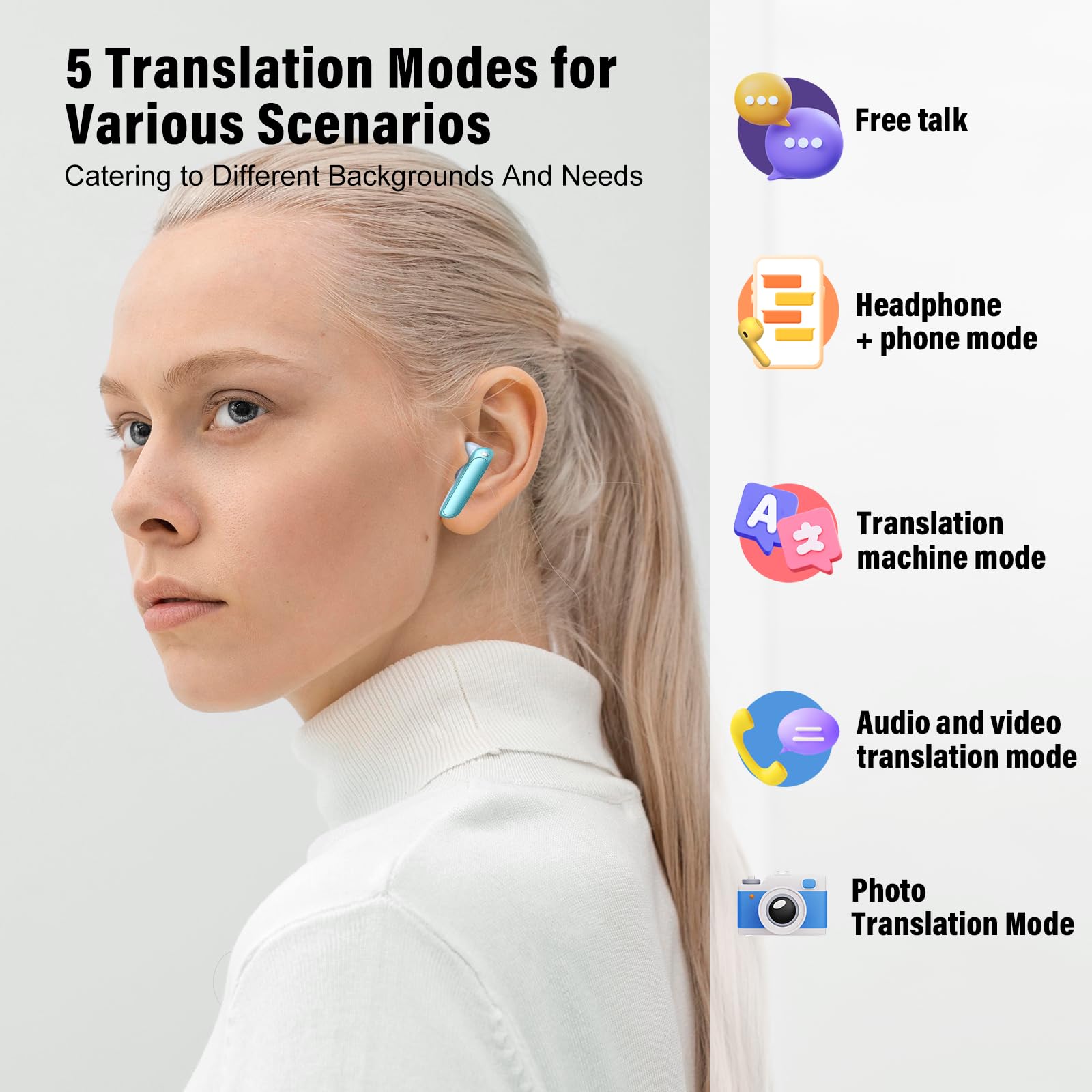 Puqo AI Auriculares traductor en Tiempo Real, Cascos Inalambricos Bluetooth 5.3 con ENC y App con Viajes/Negocios/Reunirse, Azul Claro