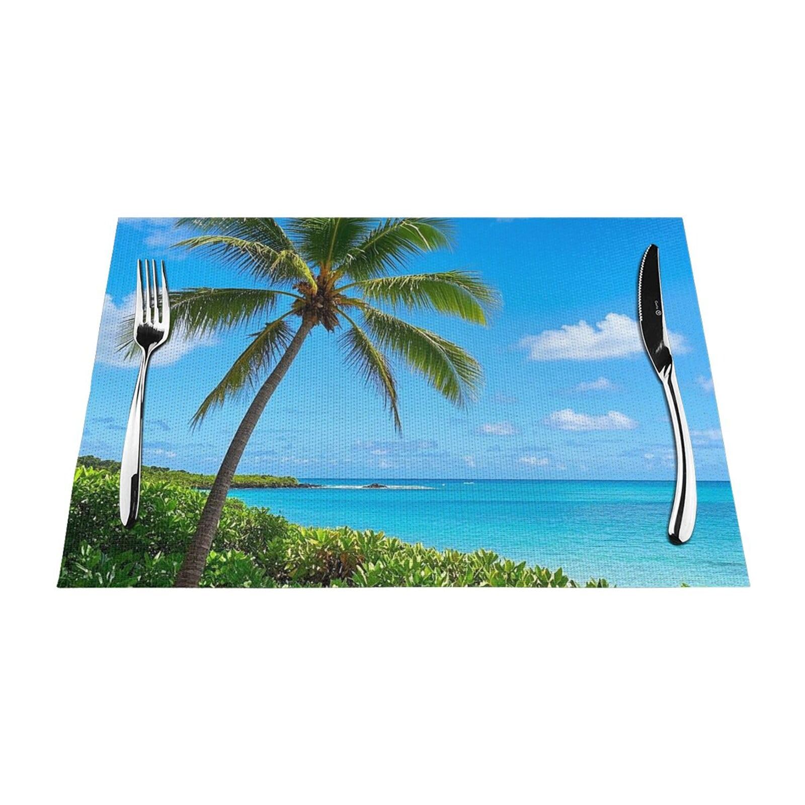 Tropical Sea Coconut Tree Tropical Placemats Set of 1 - Woven Vinyl Kitchen Table Placemats - Heat Resistant Non-Slip Place Mats for Dining Table, Washable Indoor Outdoor Table Mats 12x18 Inch