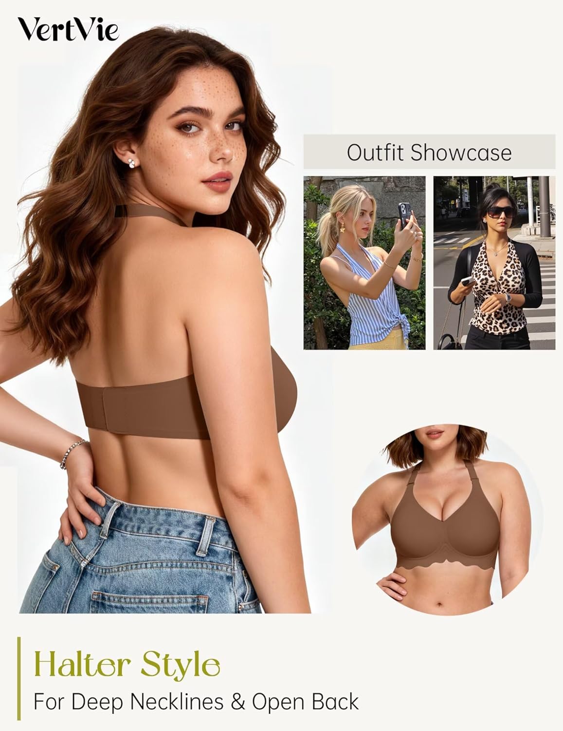 Vertvie Womens Wireless Jelly Bra Push Up No Underwire Full Support Removable Straps (Halter/U/Cross) Seamless T-Shirt Bras - Image 2