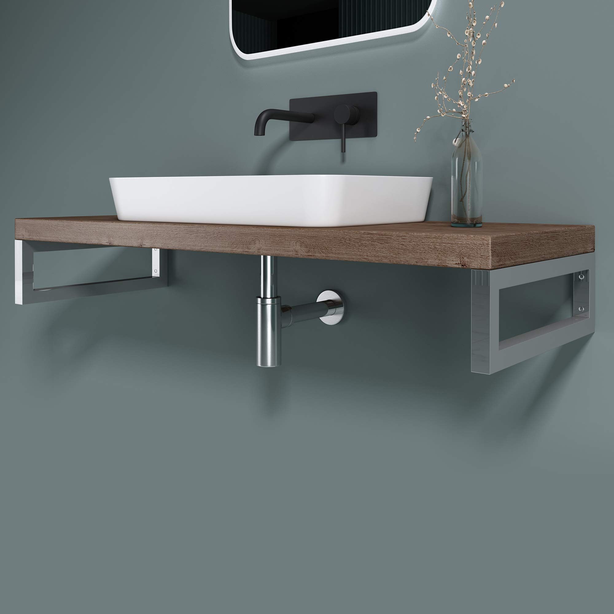 doporro Mensola Sospesa Porta Lavabo 45x80 cm in Legno Marrone, Consolle da Parete per Lavabo da Appoggio, Mobile da Bagno con Staffe Platte01