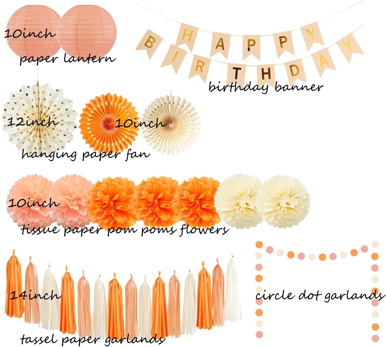 Orange Beige Fall Boho Birthday Party Decorations Autumn Sweet Peach Birthday Women Girls Groovy Paper Lanterns Tissue Pom Poms Paper Fans Tassel Gralands Fall Orange Birth day Party Decoration