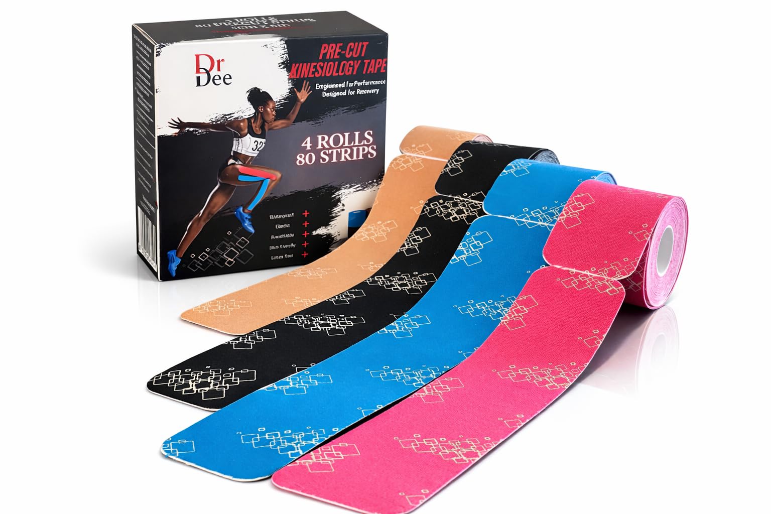 Dr Dee Pre-Cut Kinesiology Tape 80 Count 4 Rolls 2x10 Waterproof Elastic Breathable Sports Muscle Tape Pain Relief