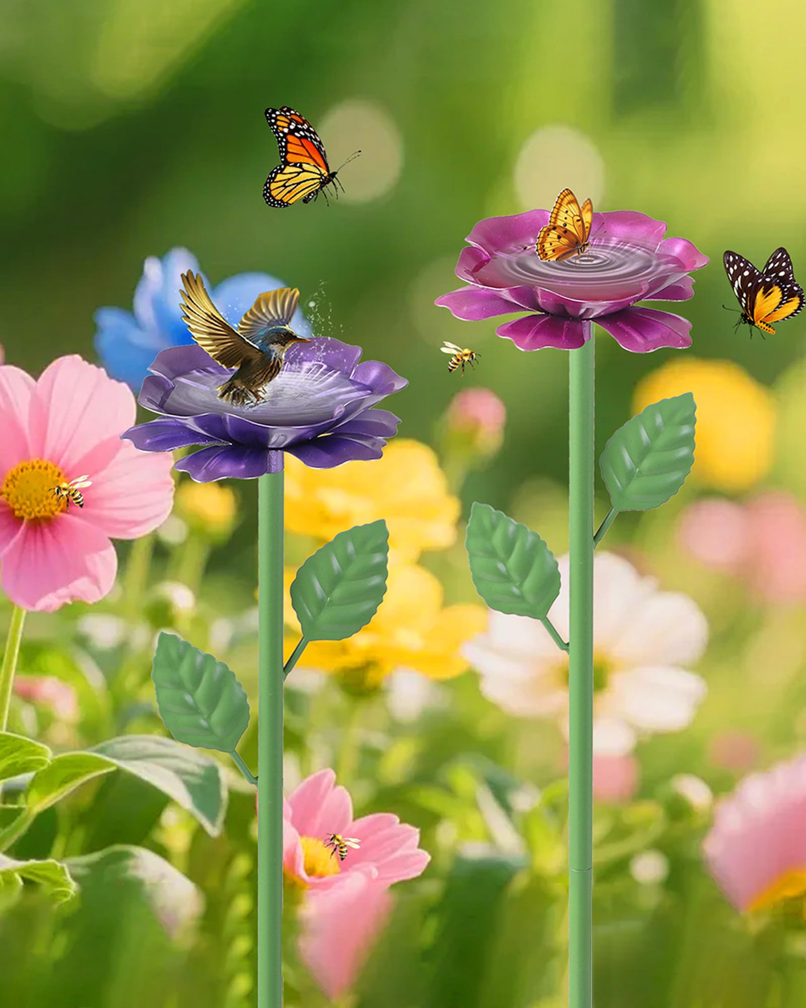 Set da 4 Stazioni di Abbeveraggio per Api con Isola Galleggiante, Vaschette a Forma di Fiore a Doppio Strato per il Giardino, Vaschetta in Metallo per Farfalle e Uccelli (Rosso, Blu, Giallo, Viola)