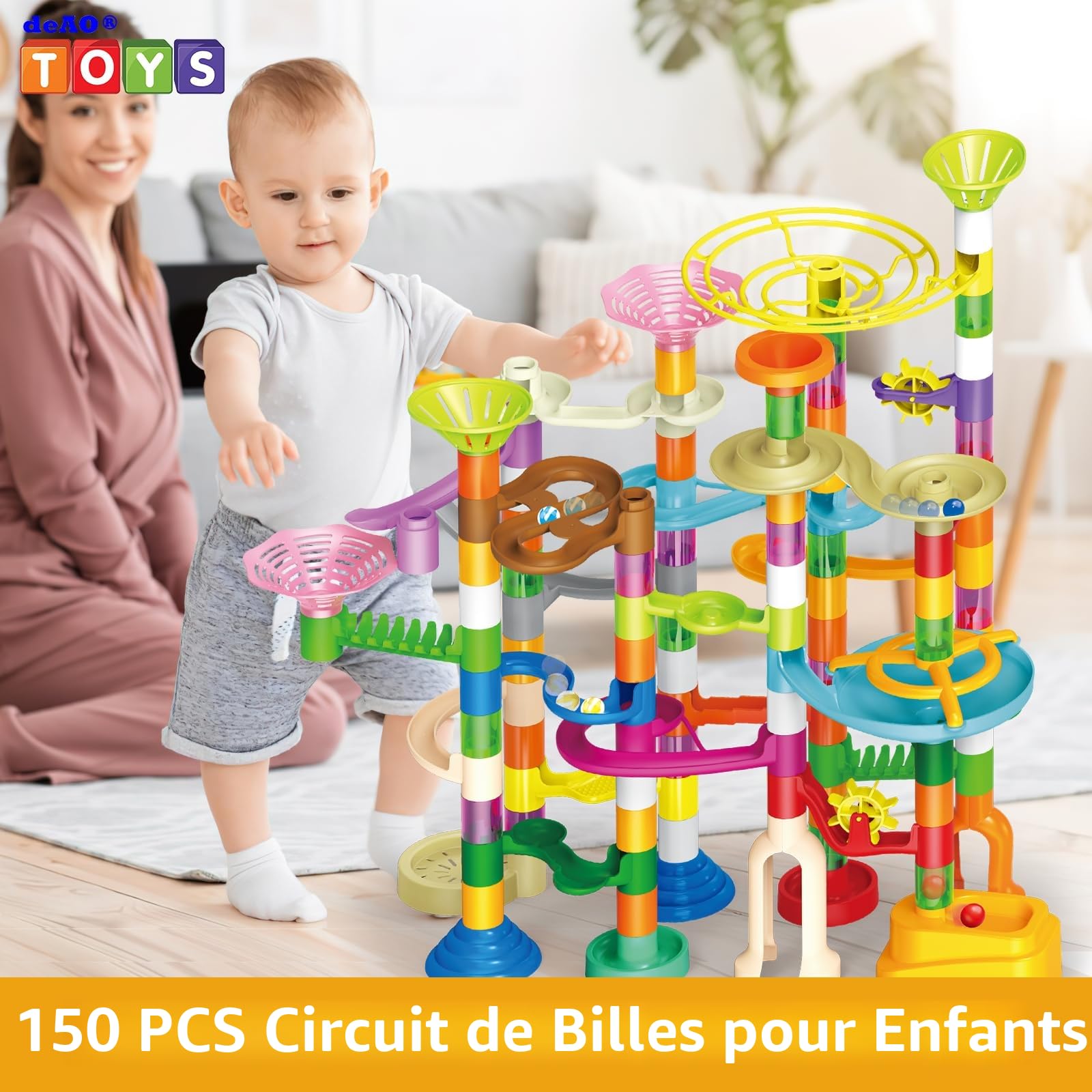 deAO Circuit de Billes 150 Pièces STEM – Jeu de Construction Éducatif | 60 Billes 14mm (15 Verre, 15 Plastique, 30 Phosphorescentes), Motricité Fine, Logique, Résolution de Problèmes, dès 3 Ans