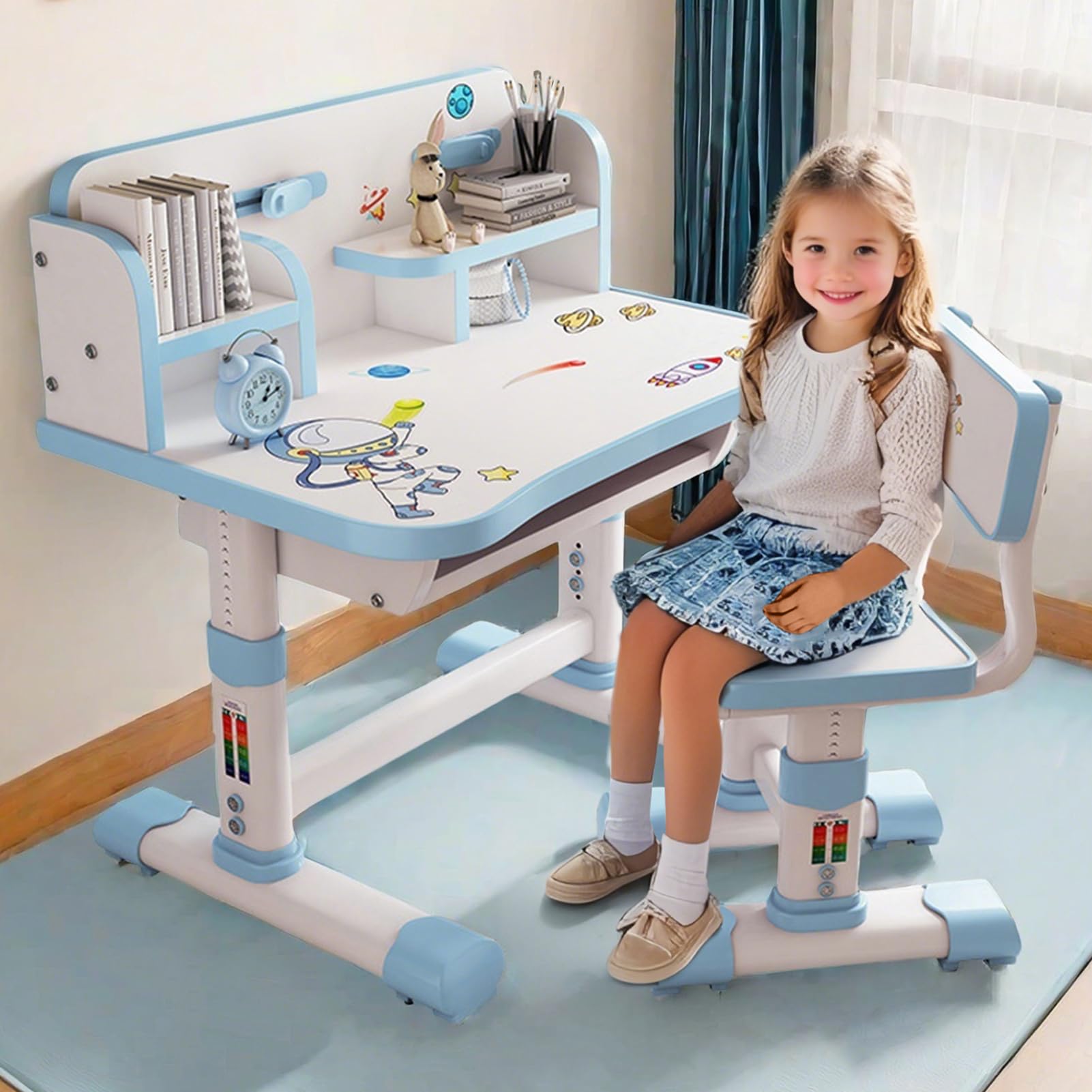 Schreibtisch Kinder, Kinderschreibtisch Höhenverstellbar, Kinder Schreibtischstuhl mit Bücherregal und Schublade für Schlafzimmer und Arbeitszimmer (Blau-c)
