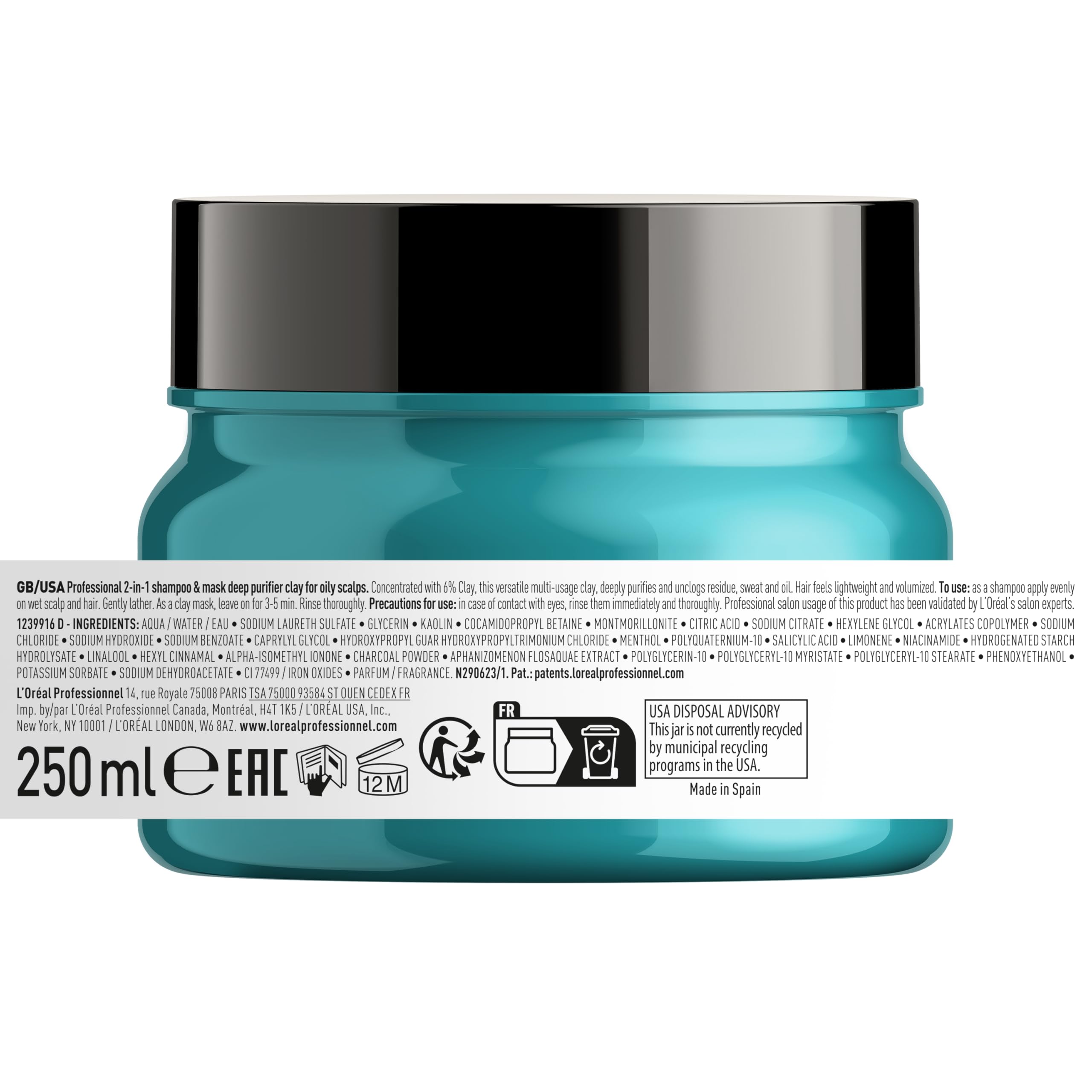 L’Oréal Professionnel, Champú Pelo Graso y Arcilla, con Activos Dermatológicos, Champú Antigrasa, Diseñador para Pelo Graso y Fino, Scalp Advanced, 250 ml