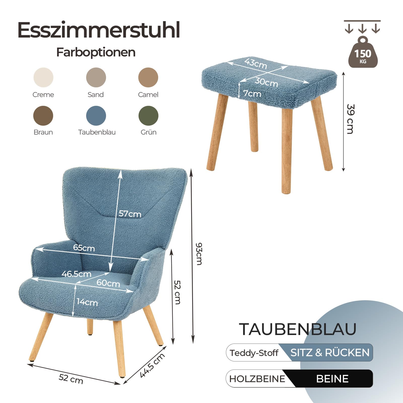 Ohrensessel Sessel Wohnzimmer mit Hocker, Skandinavischer Stil Relaxsessel Polstersessel mit Hoher Rückenlehne Loungesessel aus Teddy-Stoff, Taubenblau
