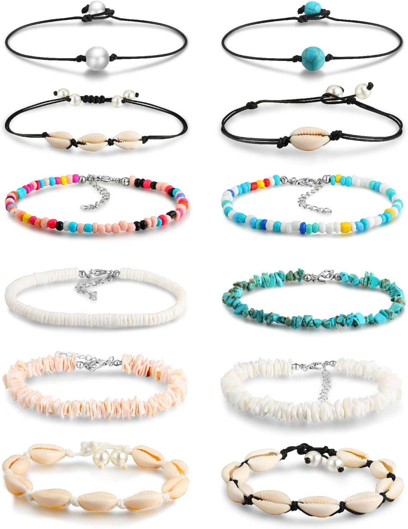 Honsny12 PCS Beaded Anklet Bracelets for Women Adjustable Colorful Gold Anklet Bracelets Handmade Shell Ankle Bracelet Boho Summer Foot Jewelry for Beach