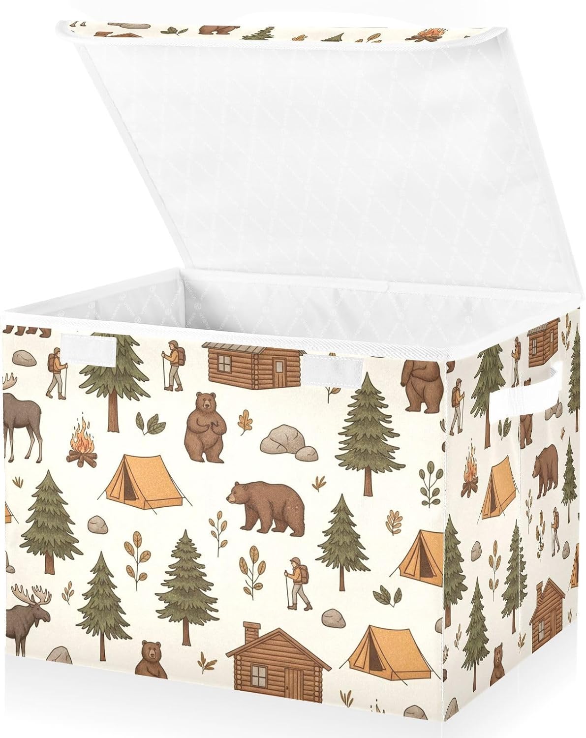DOMIKING Camping Tree Beige Print Storage Bin with Lid Foldable Closet Organizer Box with Handles Fabric Decorative Toy Storage Cubes for Bedroom Books Home Playroom