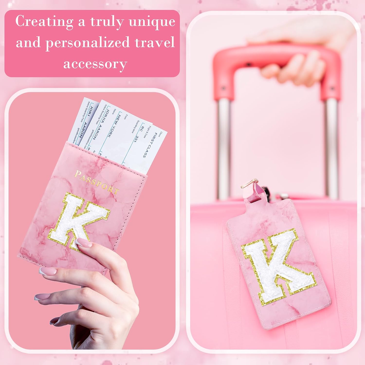 Pink Passport Cover Cute Passport Book Holder for Travel Luggage Tag Set with Initial Monogram Letter Marble Airplane Travel Essentials Personalized Cruise Accessories Trip Favor Gifts for Women Girls image 4