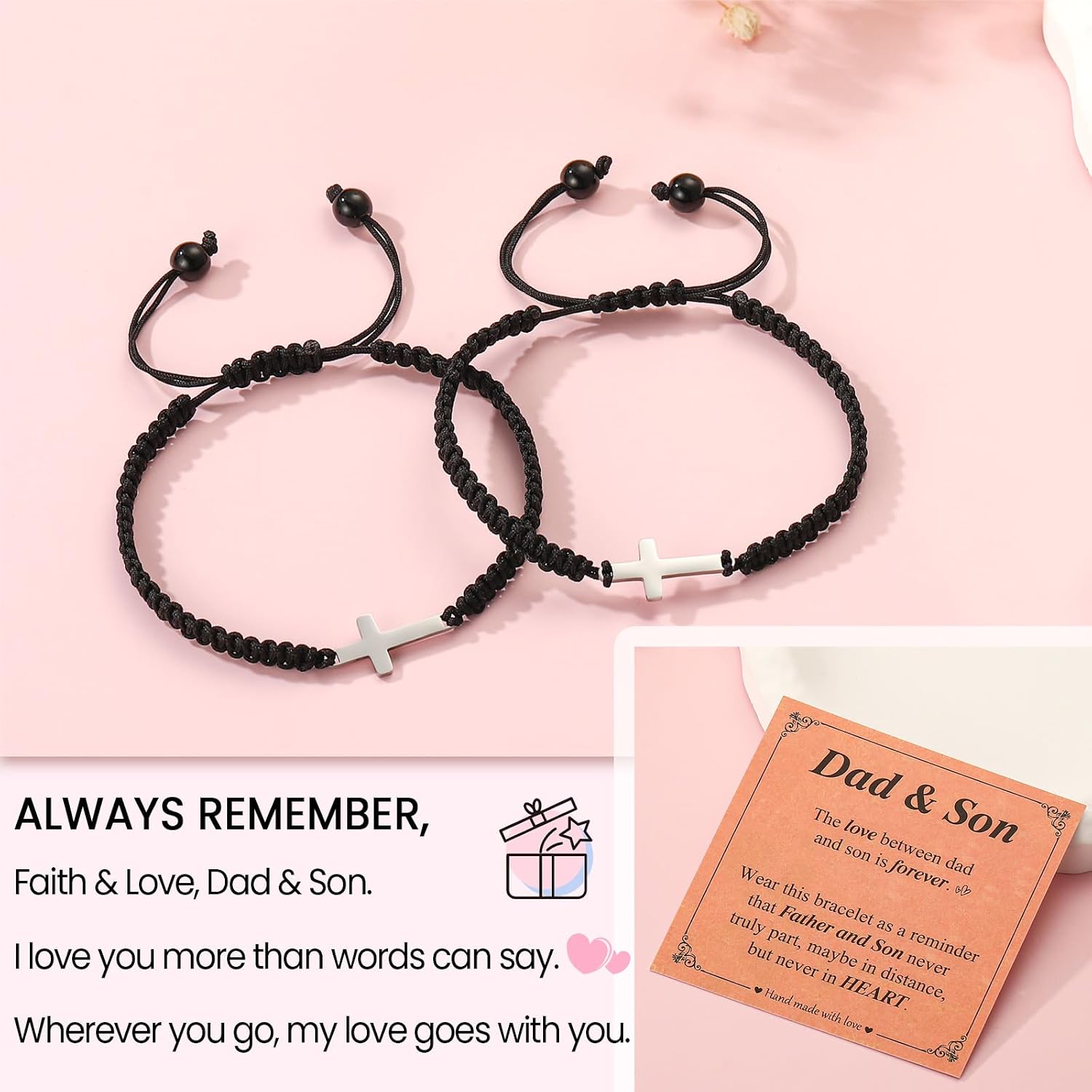 Matching Bracelets for Dad Daughter Mother Son, 2PCS Adjustable Heart Bracelets for Birthday Fathers Gift