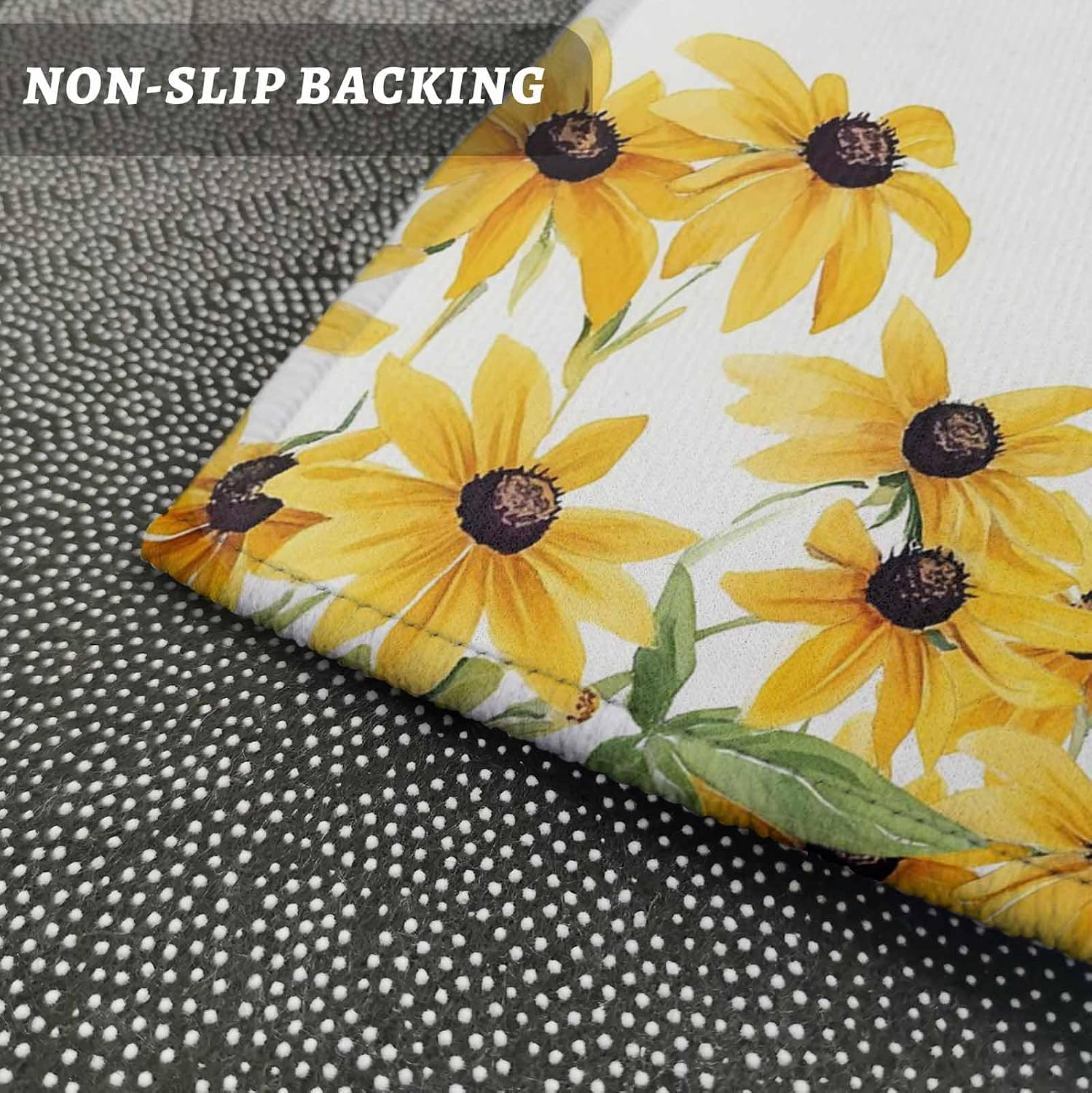Kitchen Mats for Floor Summer Daisy Wild Flower Washable Non Slip Kitchen Rugs 2PCS, Farmhouse Floral Leaves Absorbent Standing Mats for Sink Bathroom Office Living Room 15.7x23.6in+15.7x47.2in