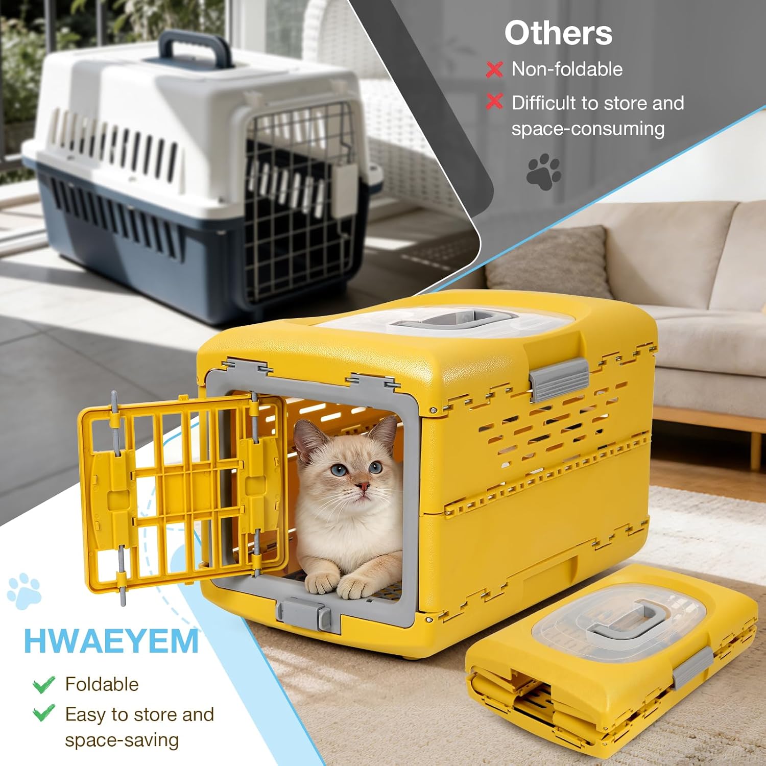 Cat Carrier Pet Carrier for Cat, Plastic Collapsible Cat Carrier Hard for Camping Vet Visits Travel, Fully Breathable Pet Travel Carrier Crate Under 13LBS (18.9" L x 11.8" W x 12.6" H)