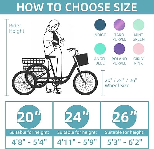 Miniatura 12 de Triciclos para adultos para adultos, triciclos para adultos de 7 velocidades, bicicleta de 3 ruedas de 20/24/26 pulgadas con canasta, bicicletas