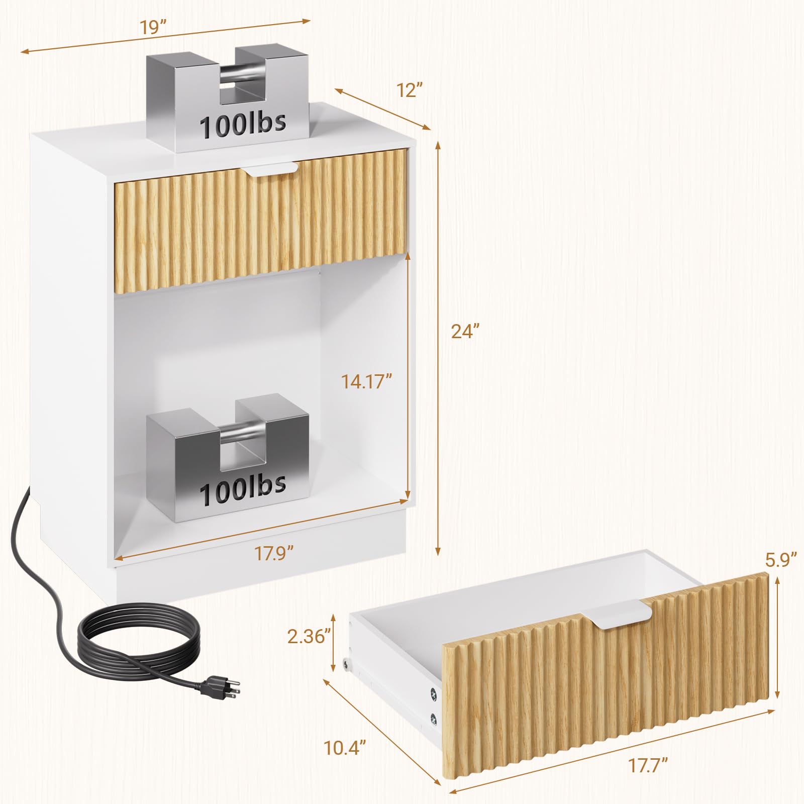 Set di 2 comodini scanalati con stazione di ricarica e luci LED integrate, comodini con cassetto a onde e ripiano aperto, sicuro per bambini, camera da letto