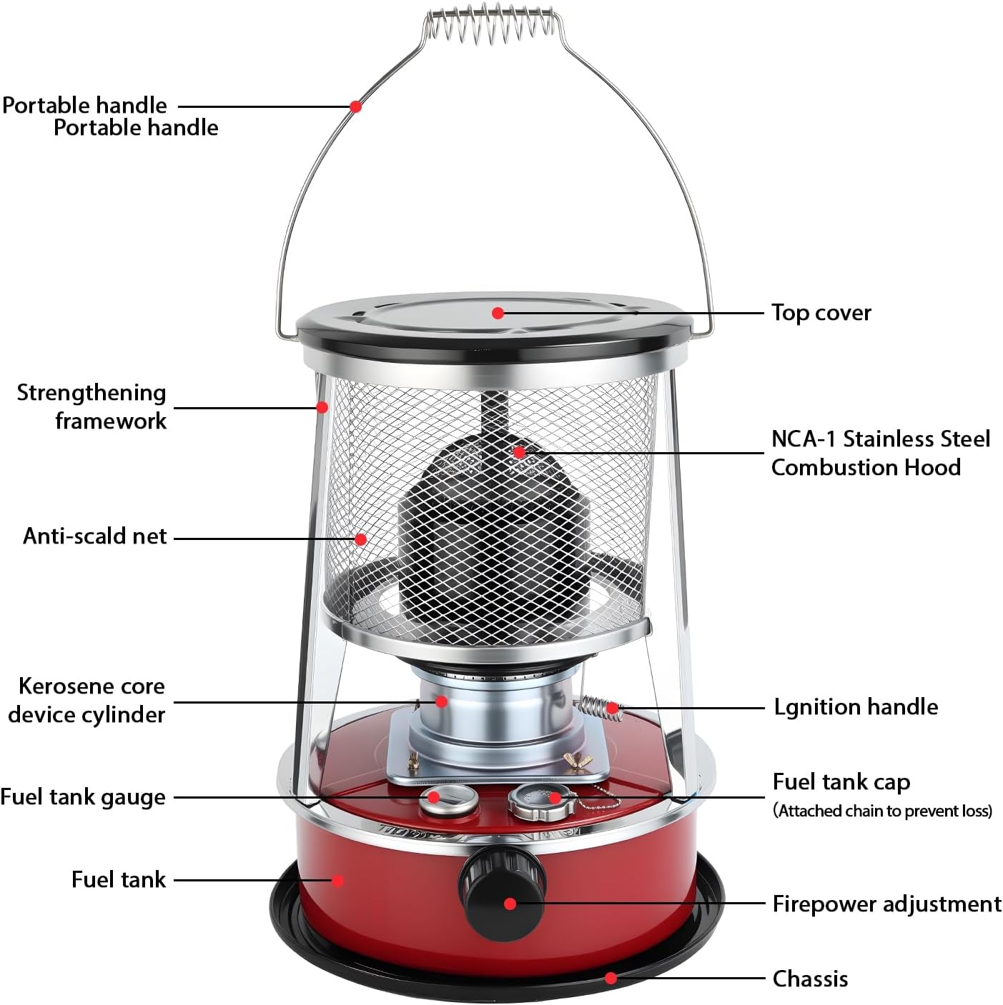 Kerosene Heaters for Indoor Use, 9000 BTU Non Electric Portable Outdoor Camping Tent Heater, Non Electric Heater, Energy Saving Kerosene Heaters for Camping, Hunting, Cooking Survival Red