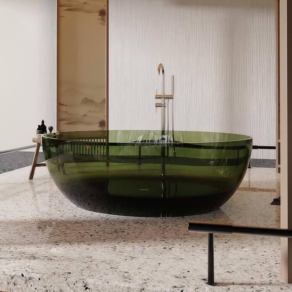 83" Edeyeu Round Freestanding Bathtub - Luxury Natural Resin Soaking Tub, Heat-Retaining Solid Surface Bathtub, Modern Free Standing Style For High-End Spa Bathrooms Green