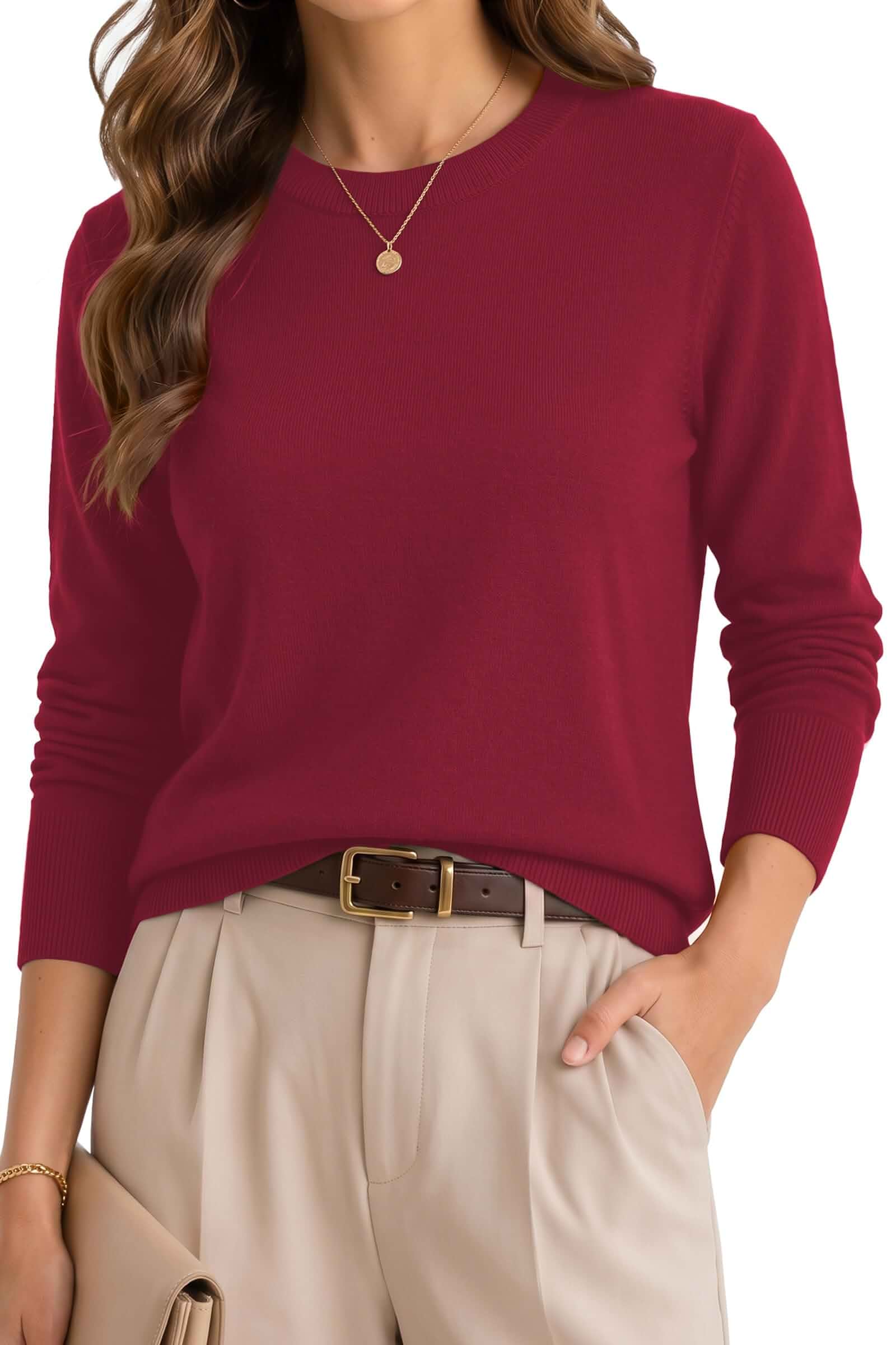 QUALFORT Womens Business Casual Long Sleeve Sweater Soft Midweight Knit Polished Everyday Pullover, Office-to-weekend Knitwear, Comfortable Layering Essential, Wool Blend Sweater