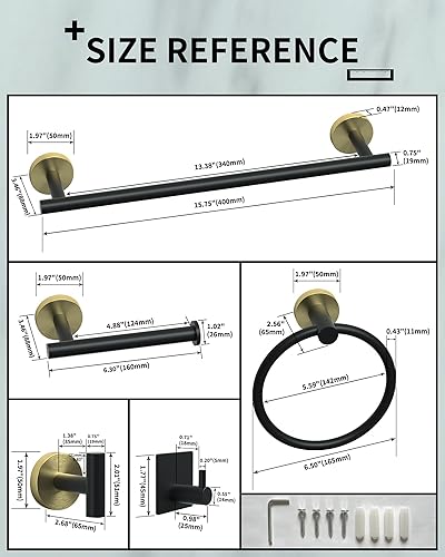Miniatura 2 de Juego de toallas de baño, juego de accesorios de baño negro y dorado, 12 piezas de accesorios de baño de acero inoxidable, incluye 2 toalleros de 16