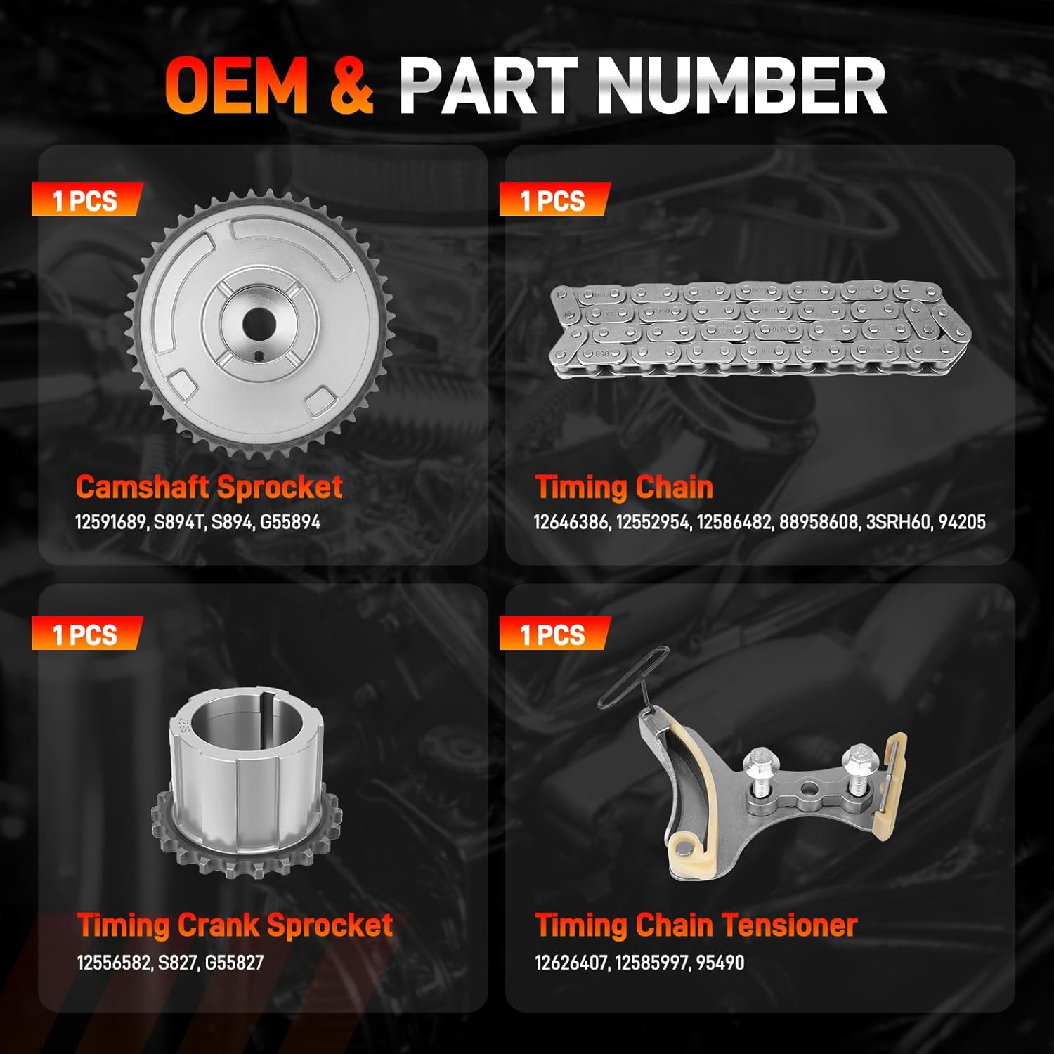 94205 Engine Timing Chain Kit with Tensioner & Sprocket Compatible with Chevy Camaro Express Silverado Tahoe, GMC Sierra Yukon, Cadillac 4.3L 4.8L 5.3L 6.0L 6.2L V8, Replace# 95490, S894, S827