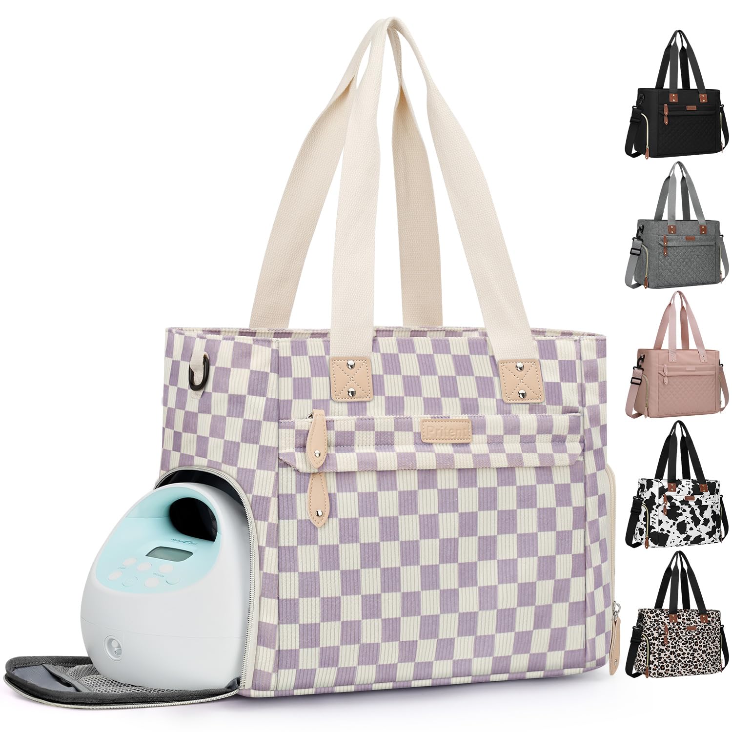 Pritent Diaper Bag Tote for Working Mom, Large Travel Diaper Tote for Mom and Dad with 14 Inch Laptop Sleeve, Mommy Maternity Travel Baby Bag for Boys and Girls, Checkered Purple