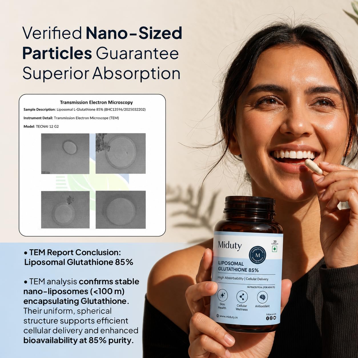 Miduty Liposomal Glutathione 85% 600mg - Advanced Nano-Liposomal Formula with Lipoglo - 8X Absorption - TEM Verified - 30 Veg Capsules 1