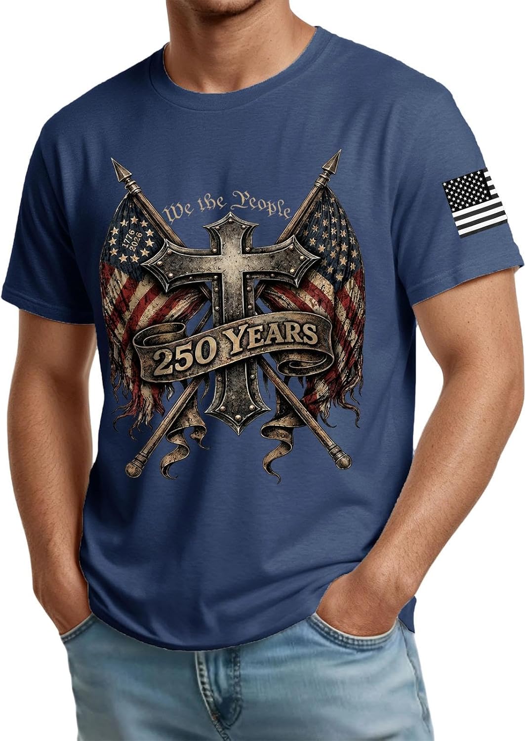 RTRDE Men's Summer Shirts Short Sleeve Patriot Pride Tshirt with American Flag and Cross Design USA Tshirt, S-4XL
