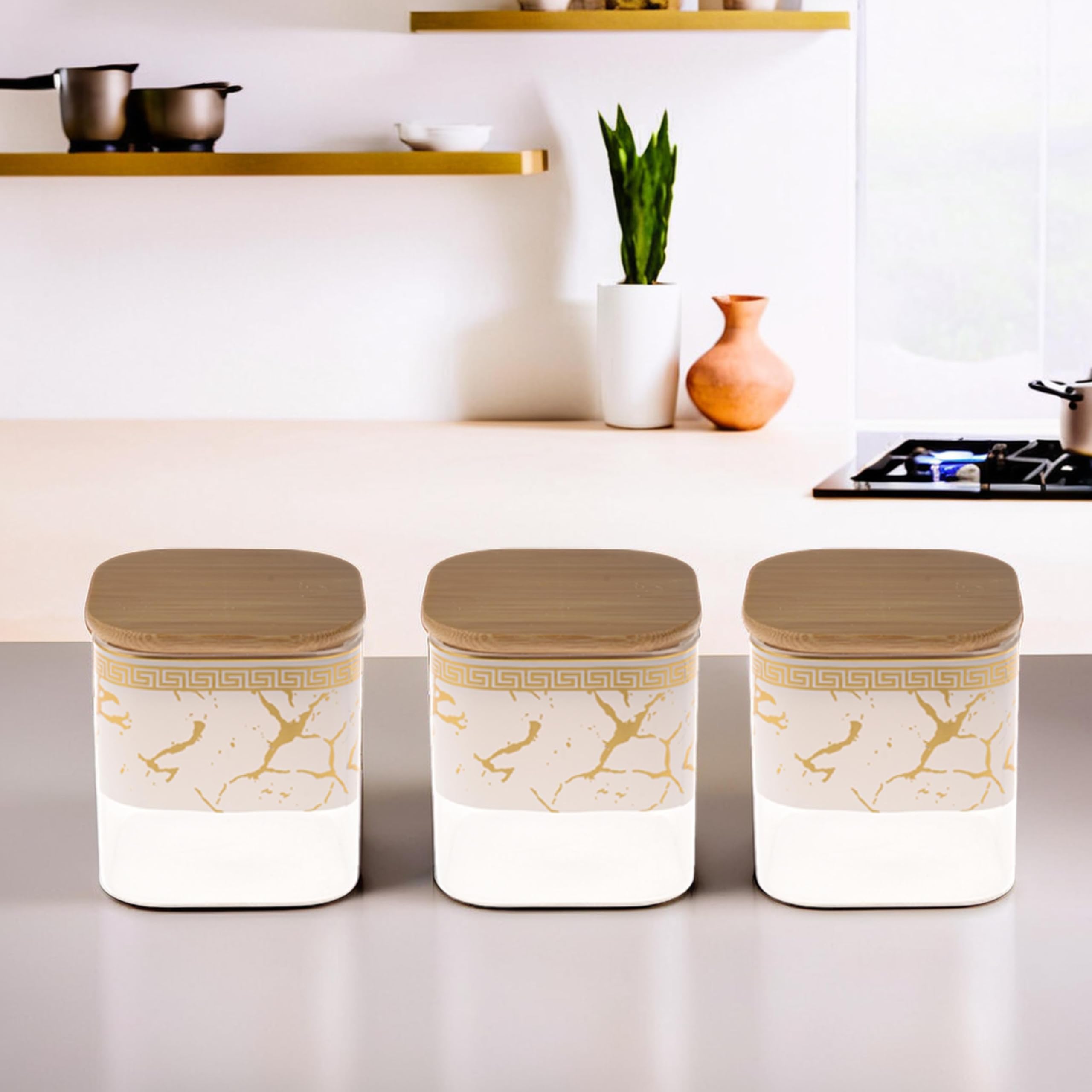 Kuber Industries Set of 3 (400ml) Borosilicate Glass Jars for Kitchen With Bamboo Lid | Air Tight Masala Container & Daba Set for Dry Fruit & Spices | White-Transparent