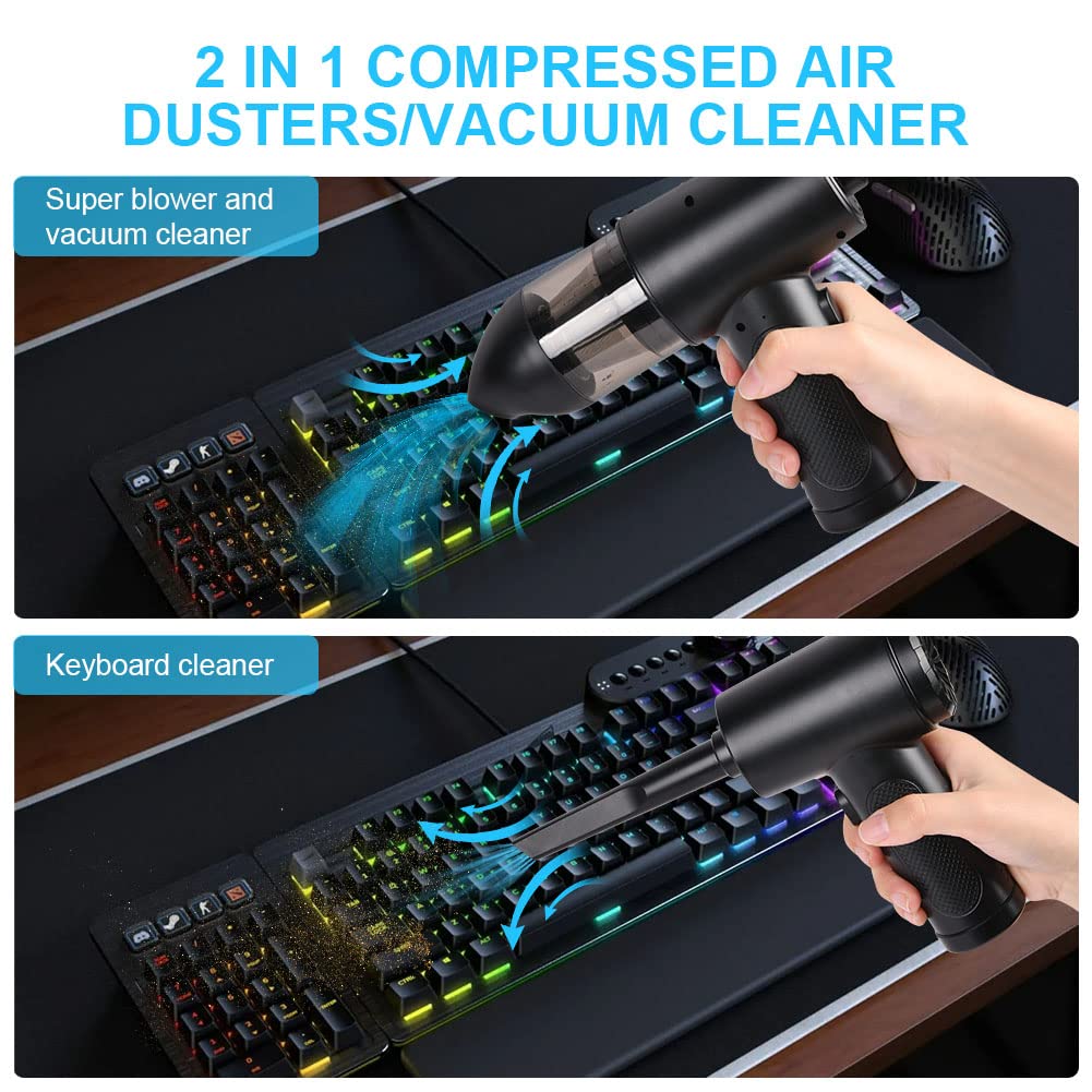 URAQT 2-in-1 Staubgebläse Druckluft, Staubsauger Tastatur Reinigungsset mit LED-Licht, 91000 U/min Elektrische Druckluftspray Reiniger, Mini Handstaubsauger für PC,Laptop,Sofa,Auto Zubehör Reinigung
