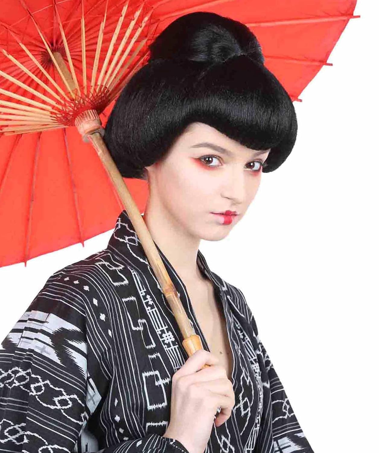 Womens Geisha-Inspired Black Wig for Banana Costume, Flame-retardant Synthetic Fiber