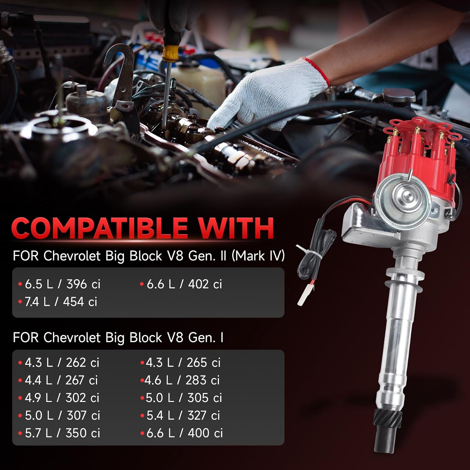 Ignition Distributor R2R Complete Distributor Compatible with Chevy SBC BBC 283-454 V8 Engines w/Red Cap & Rotor CNC Billet Aluminum Body