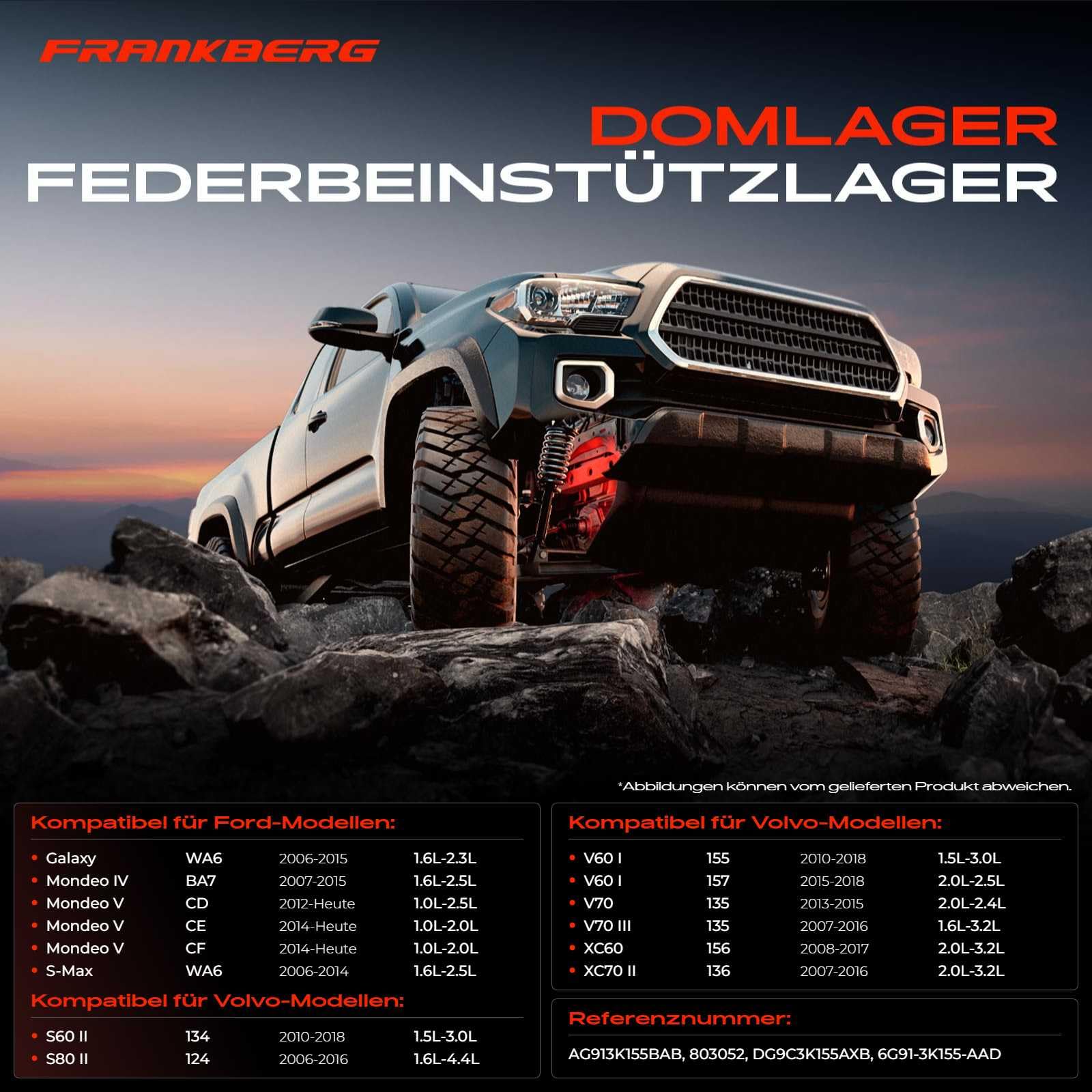 Frankberg 2x Domlager Federbeinstützlager Vorne Links Rechts Kompatibel mit Galaxy WA6 Mondeo V Turnier CF Mondeo IV Turnier BA7 XC60 156 S-Max WA6 S60 II 134 V60 I Replace# 803052