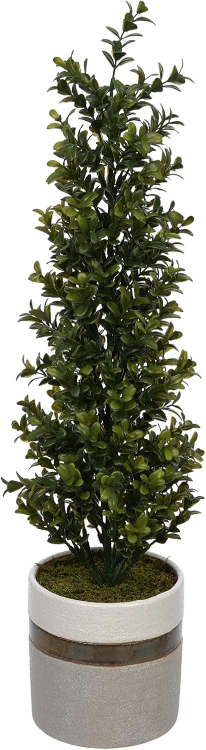 House of Silk Flowers Artificial 22-inch Boxwood Pencil Topiary in Small White/Gold/Grey Ceramic Pot