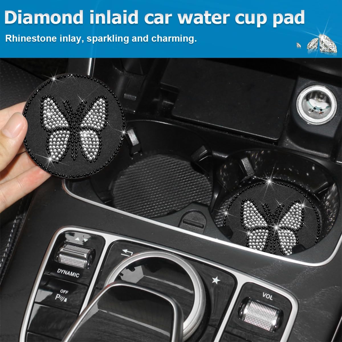 Bling Car Coasters, 4PCS Butterfly Rhinestone Anti-Slip Vehicle Cup Holder Insulated Bottle Mat, Diamond Shiny Automotive Interior Drink Protection Pad Accessories, Universal Fit (Black) image 4
