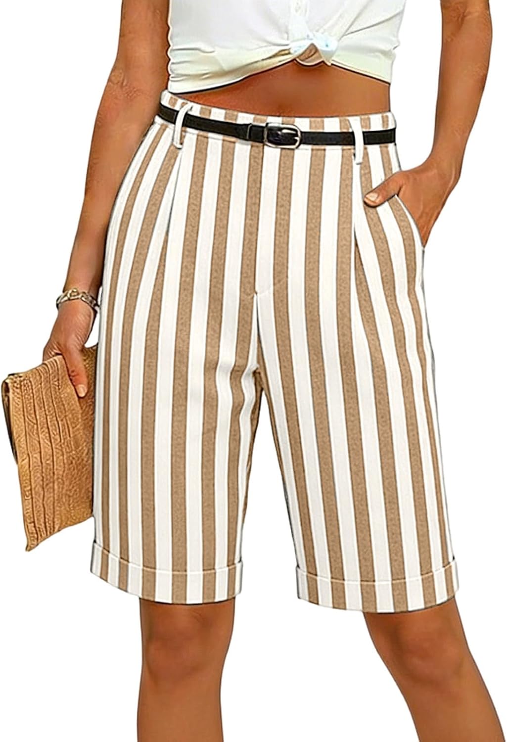 Womens Striped Shorts Lightweight High Waist Knee Length Summer Beach Casual Bermuda Shorts with Pockets