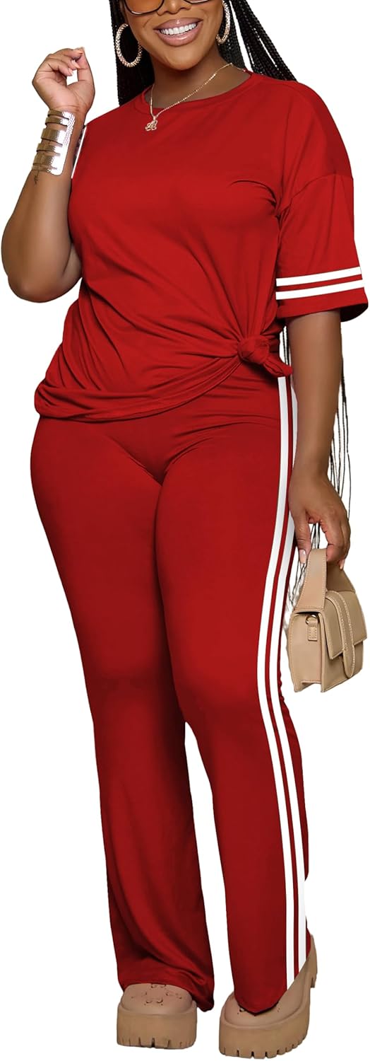 Women's 2 Piece Outfits Crewneck Short Sleeve Tops and Flare Pants Lounge Sets Tracksuit - Image 6