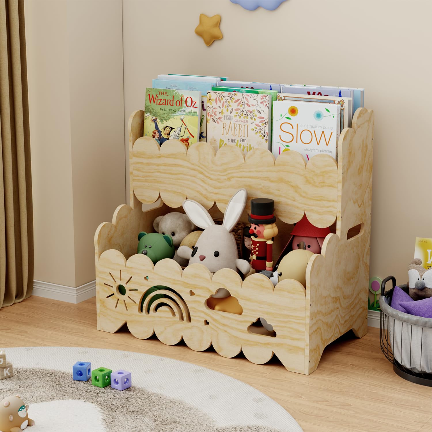 Étagère en Bois pour Enfants, étagère Montessori à 2 Niveaux, idéale pour Les Chambres d'enfants, Les crèches et Les salles de Classe, étagères de Rangement pour Livres et Jouets