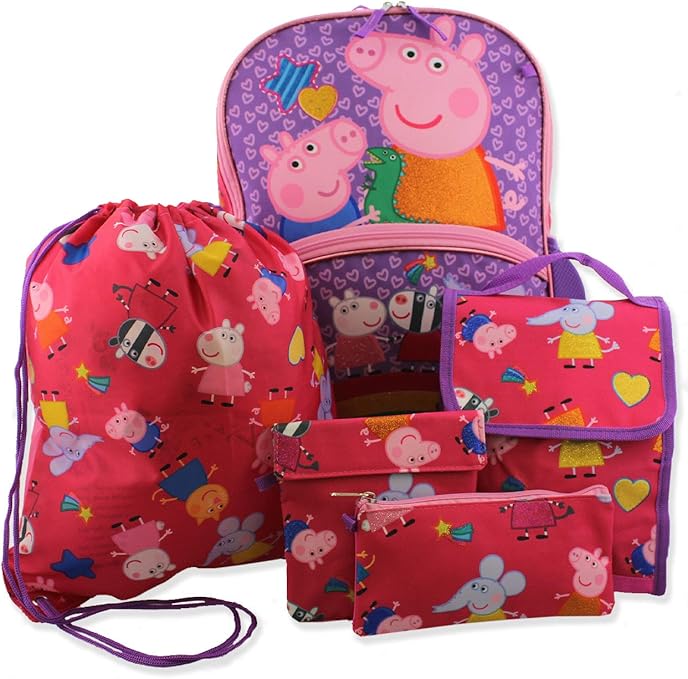 Peppa Pig Girls 5 piece Backpack and Lunch Bag School Set (One Size, Pink/Purple)