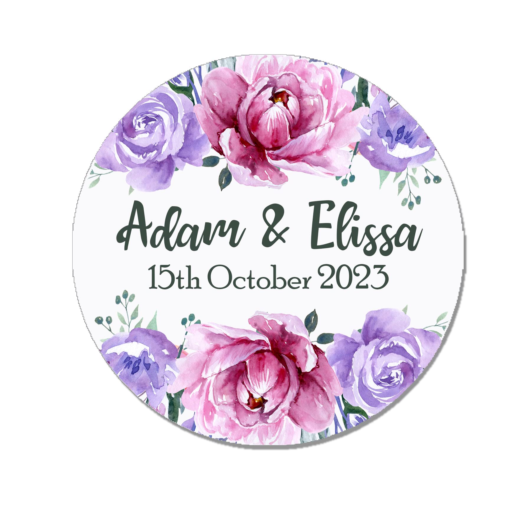 35 x Treasured Forever Personalised Wedding Floral Effect Favour Round Stickers (37mm) (Purple) (Purple)