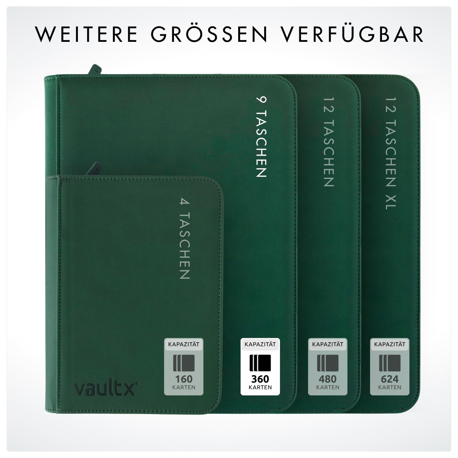 Vault X 9-Taschen-Trading-Kartenordner mit Reißverschluss, 360 Karten, Premium Exo-Tec-Albummaterial, 20 seitlich ladbare Seiten, Sammelordner für Sammelkartenspiele, Sportkarten, TCG (Grün)