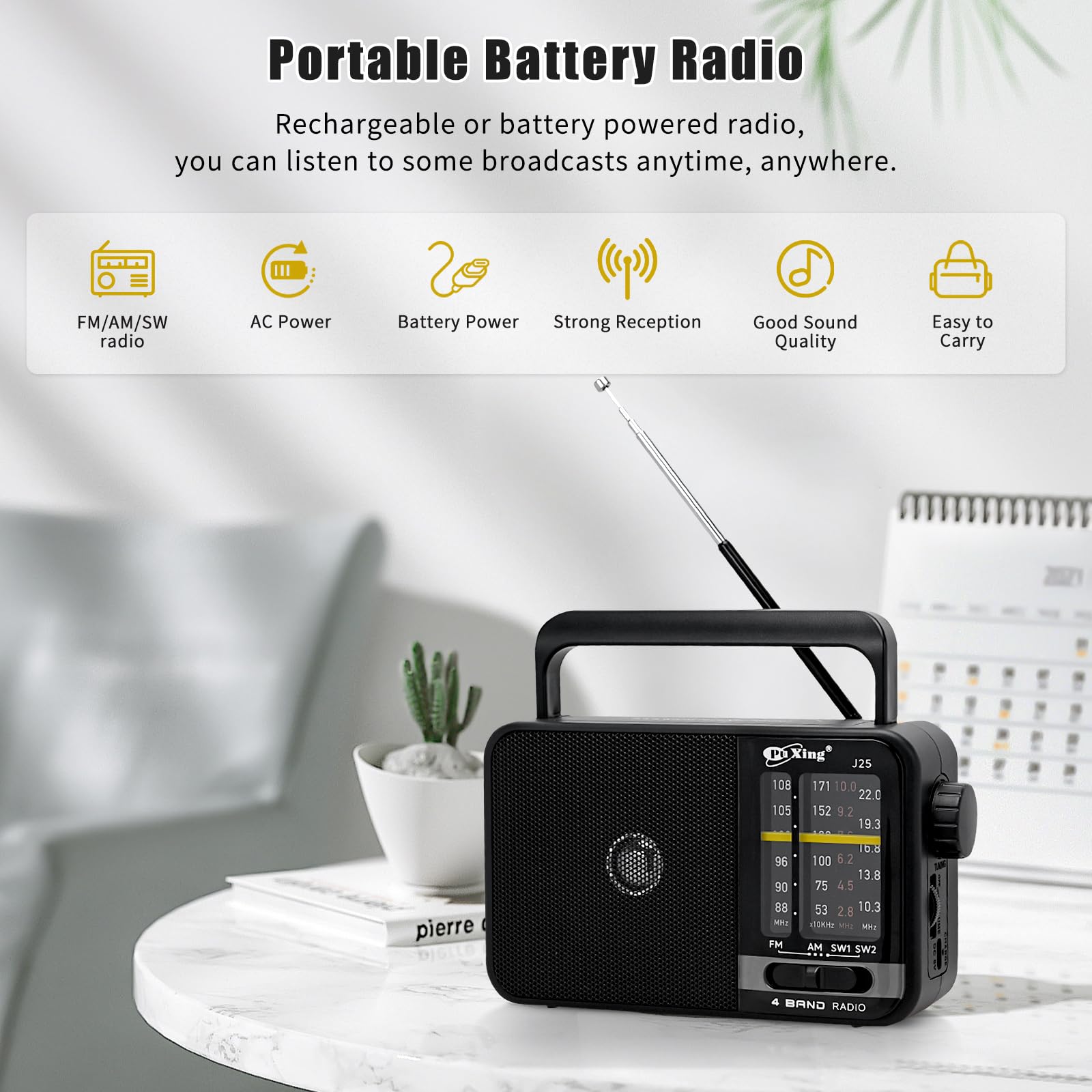 Przenośne radio FM AM, radio sieciowe i akumulatorowe do domu lub na zewnątrz, mała kieszeń z doskonałym odbiorem, dla osób starszych, łatwe w użyciu, czarne