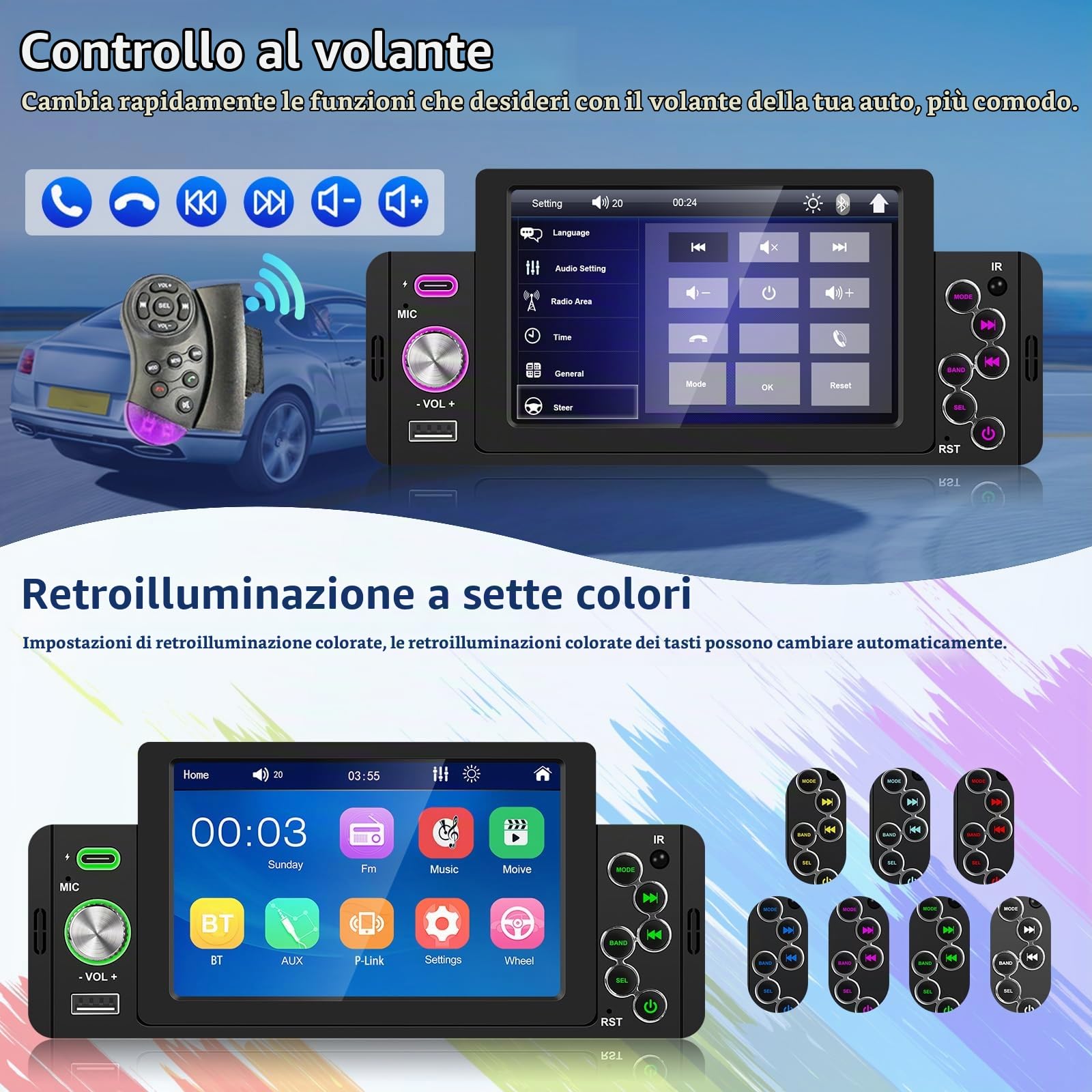Podofo Autoradio 1 Din con Sistema Vivavoce Bluetooth, Autoradio da 5 Pollici con Schermo, Supporto Ricevitore MP5 FM, Collegamento Specchio, Telecomando, SWC + Telecamera Posteriore e Microfono